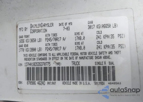 2003 Dodge Ram 1500 Slt/Laramie/St from USA, damaged, VIN 1D7HA18D53S370775